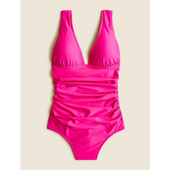 NWT J. Crew Ruched V-Neck One Piece Pink Radiant Fuchsia Women's Swimsuit Sz 2 - Picture 1 of 8